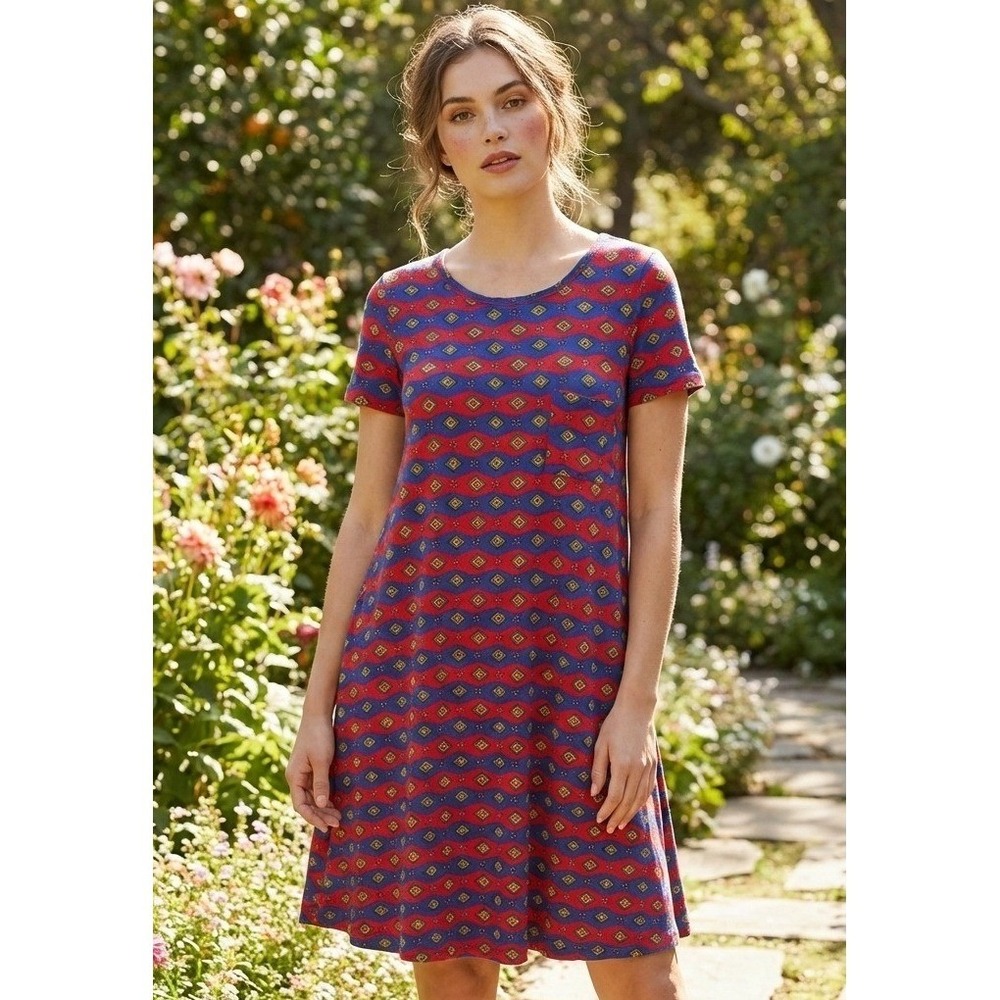 LuLaRoe Dress Womens Size XS Red Blue Chevron Stripes Carly‎ Hi Lo Swing Stretch